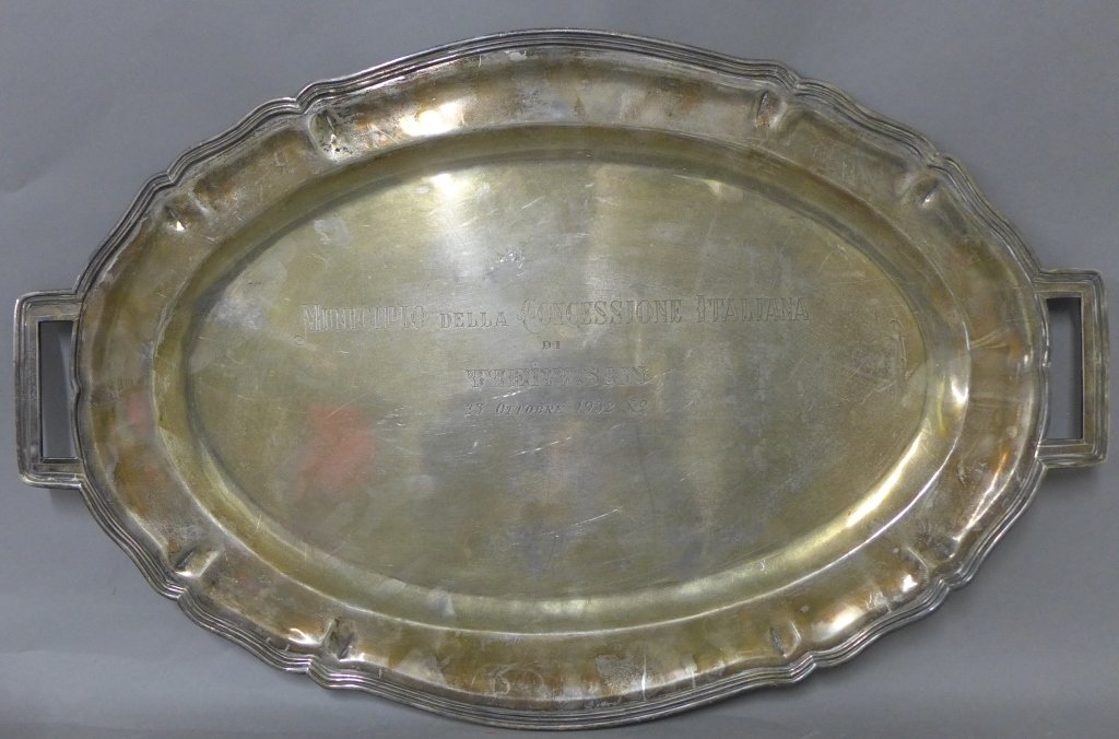 Sterling Silver Trophy Tray Italian Army Tientsin: Sterling Silver trophy tray of Italian Army in Tientsin, China 1932. Featuring simple design with a curved trim and two handles. Engraved " Municipio della Concessione Italiana / di / Tientsin / 23 Ot