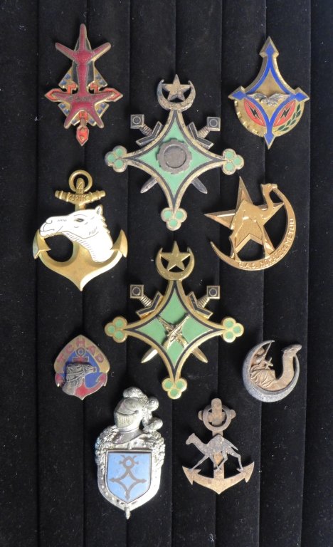 Saharan Badges of the French Foreign Legion: Collection of 10 Saharan Badges of the French Foreign Legion. Includes: Detachment Terrain Oprationnel 34/540 Ouargla, Saharien Joint Souf Groups, insigne Mauritanie - infanterie, Cross Badge Saharien
