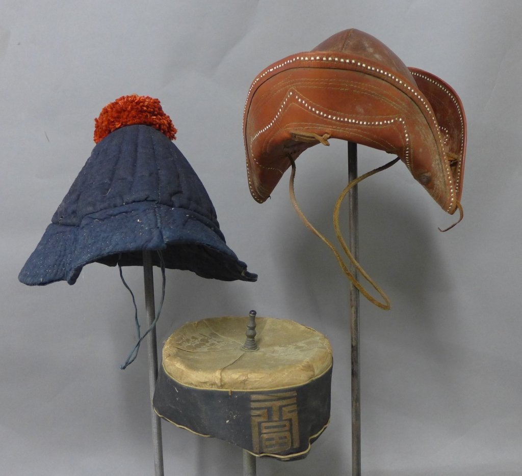 3 Vintage Chinese Hats: Collection of three different styles of hats worn in China. Sizes and materials vary. Some slight damage and age appropriate wear. (military, vintage, war, Chinese, Mandarin Hat, hmong hat, Asian) Fro