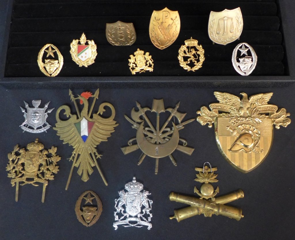 Military Helmet Plate and Insignia Collection: Military Helmet Plate and Badge Insignia Collection. Includes: Artillery Badge, "Unity Is Strength" Badge and many more. Maker marks.Height: 5"; Width: 3 1/3"From the collection of Gene Christian.Age 