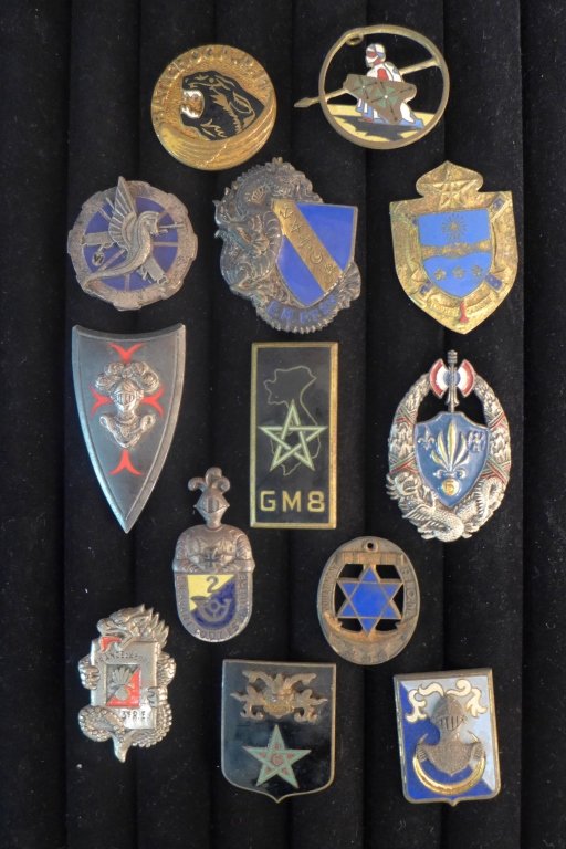 French Legion Military Badges: Collection of 13 metal pin badge insignia.Includes: 11 ° Battalion of Shock Aero, 6th Regiment of Moroccan Spahis (dragon), Regiment of Chasseurs d'Afrique, CIABT Instruction Center Armored Cavalry, 