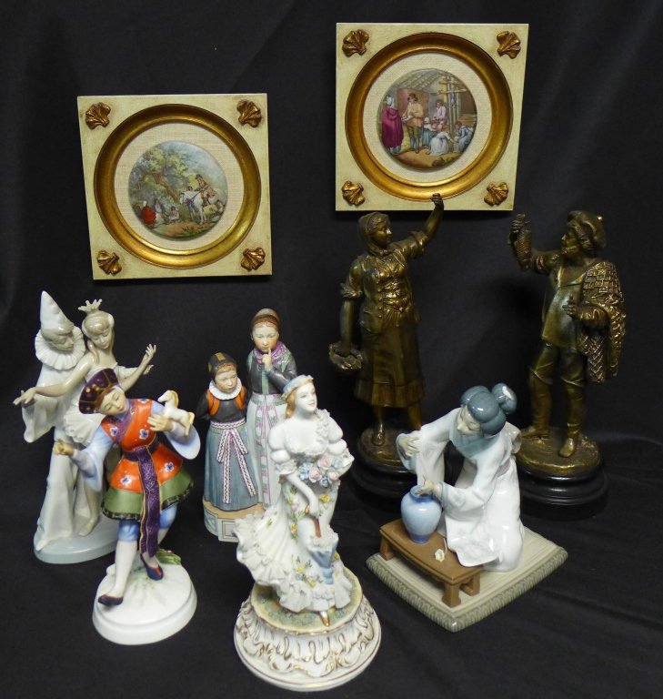 Collectible Figural Sculptures and Plaques: Large assortment of 9 figurines and plaques. Collection includes: -Amager Children Figurine with Royal Copenhagen porcelain marks on bottom. Created by artist Carl Martin Hansen in 1944. Plaque on bas
