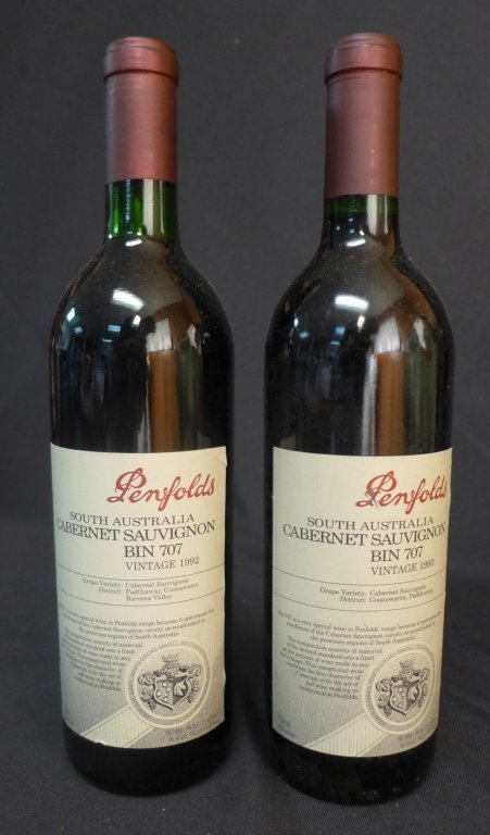 2 Bottles Penfolds Cabernet 1992 & 1993: 2 Bottles of Penfolds South Australia Cabernet Sauvignon. Bin 707. Vintages 1992 and 1993. "Bin 707 is Penfolds cabernet sauvignon Grange equivalent: ripe, intensely-flavoured fruit; completing fermen