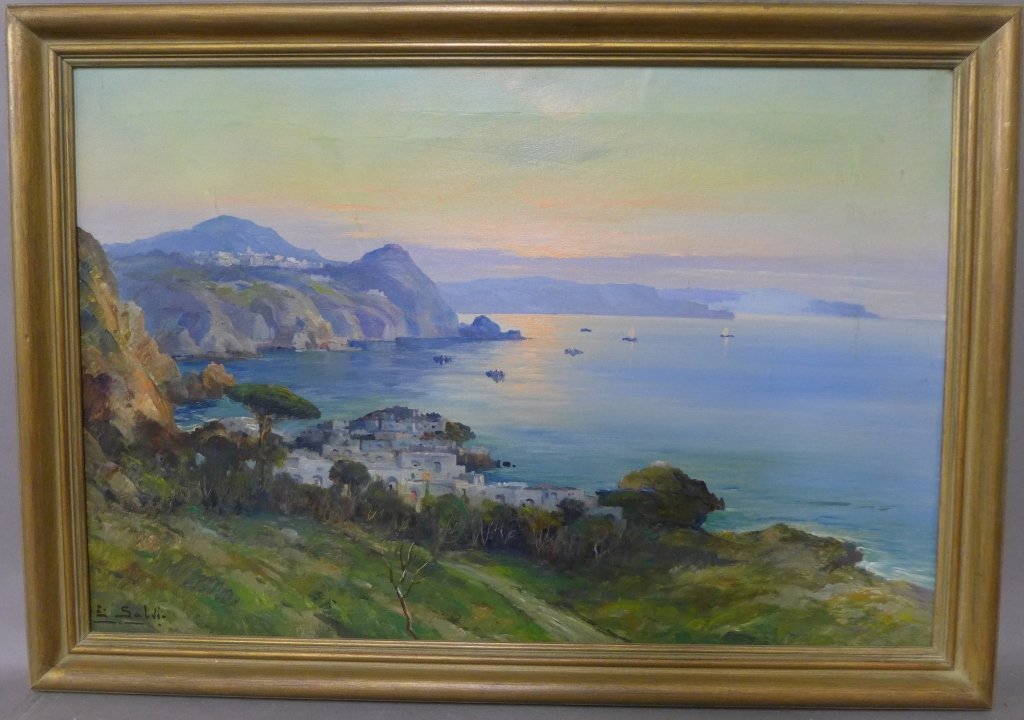 Italian Port Scene, Signed O/C: Lovely painted landscape depicting a town by the sea with sail boats in the water. O/C signed on lower left: E. Salvi or possibly E. Salvio. Height: 22 3/4", Width: 32 1/4" & Image Size: Height: 19",