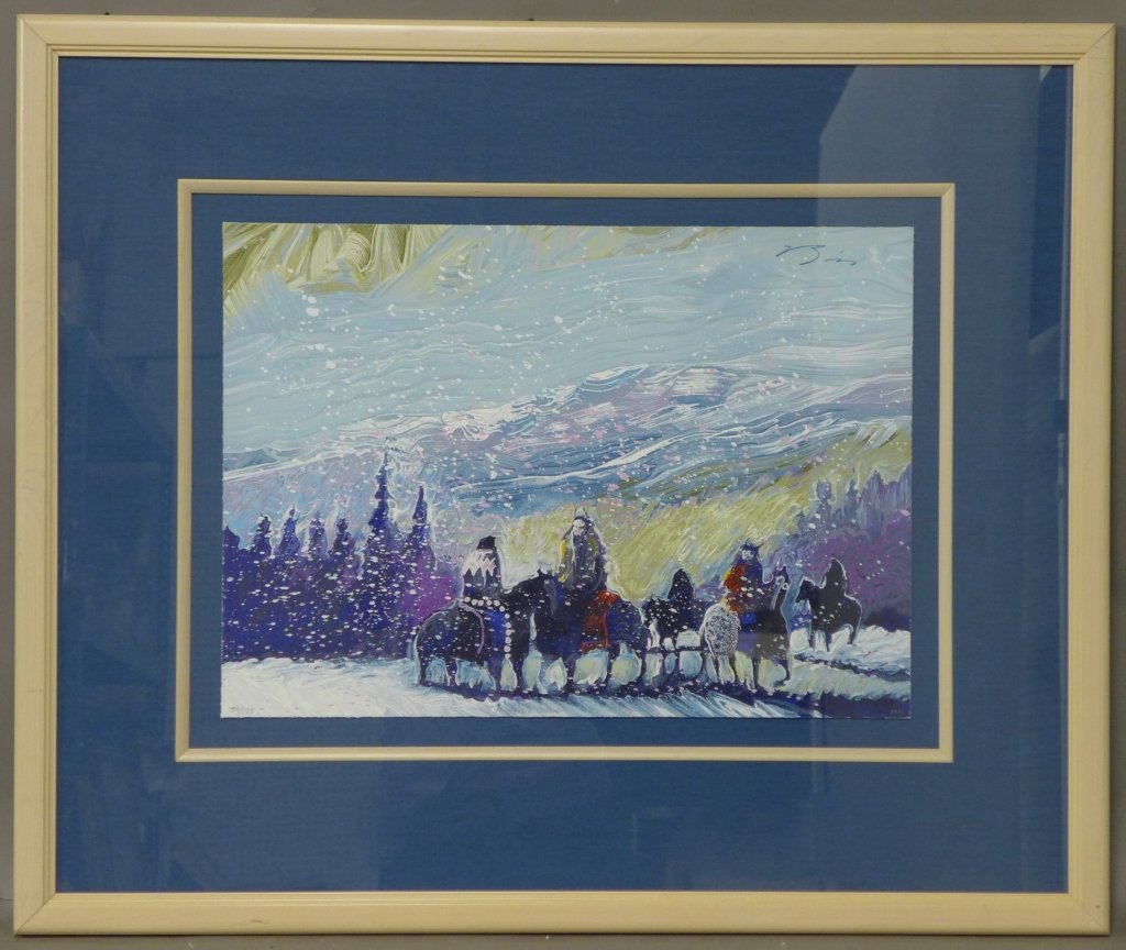 Earl Biss, American (1947-1998): "Mountain Crows" Serigraph 59/175. Dated on lower right: 1990. Title, numbered and date signed in pencil. Artist Signature on upper right. Height: 30 1/4", Width: 36 1/4" & Image Size: Height: 16 1/2"