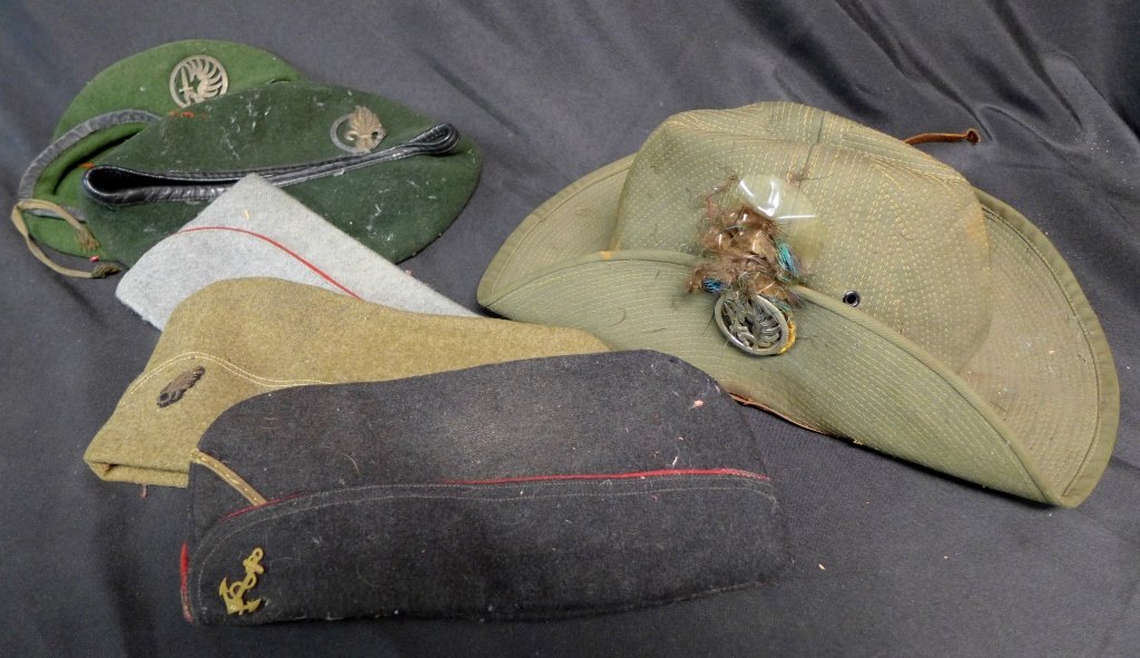 Collection of Military Hats, French Foreign Legion: Collection of 6 hats. -Olive green tent hat with embroidered flaming bomb/ grenade insignia -Green Beret with French Legion 2nd Rep Parachutist Beret Badge -Black tent hat with bullion anchor at the f