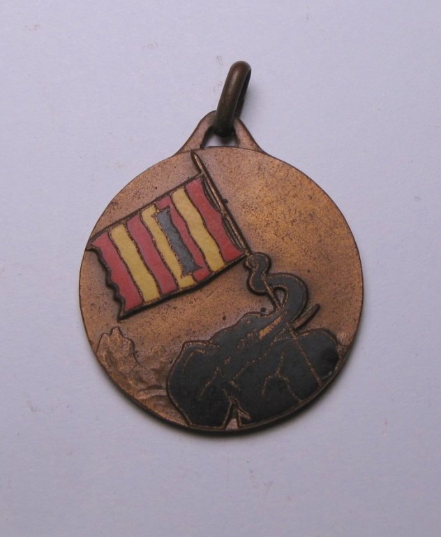 Italian 1st Colonial Brigade Medal: Italian medal issued to 1st Colonial Brigade of Colonial Africa. The obverse decorated with black elephant holding a flag with red and black enamel. The reverse depicting a landscape and weapons, sign