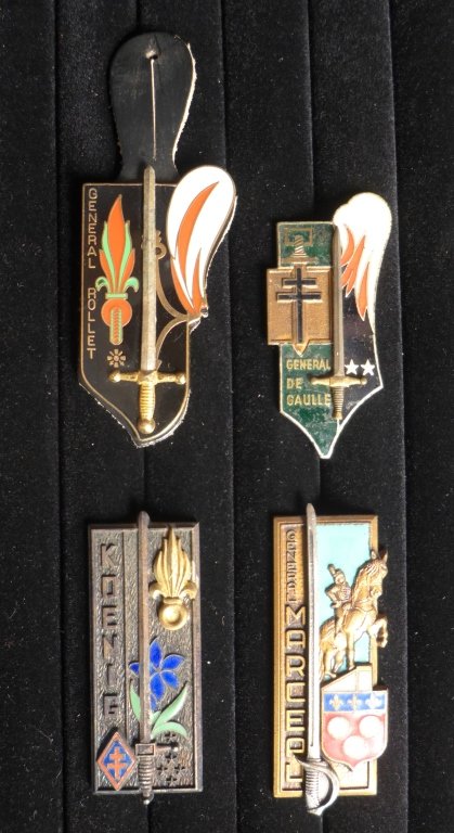 FFL General's School Promotion Badges: Set of 4 French Foreign Legion General Promotion Badges. Includes: General Koenig, (4e Rei, 13e Dble), General Rollet (The Inspector), General De Gaulle , Esm Saint Cyr. & General Marceau. One include