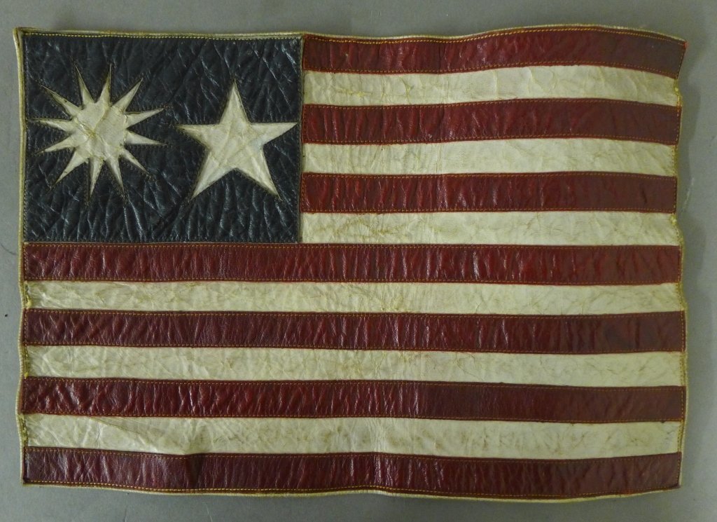 Leather Patch Combination Republic of China & US: Interesting large hand made leather patch designed with combination of China Republic and U.S flags. Depicting two stars next to each other in the top left corner and 7 red and 6 white stripes. Possib