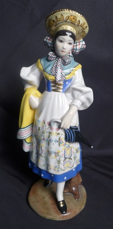 Italian Lenci Figurine: Beautiful figurine of a young woman in a stunning wide brim hat and ornate dress, holding an umbrella. Bottom reads: Lenci Made in Italy, Turino. Imperfections. Height: 16" Width: 6 1/2", Depth: 5 1/2