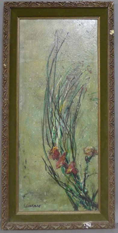 Pascal Cucaro, American (1915- 2004): Large stylized painting of flowers. O/C signed on lower left. Matted and framed. Some loss to frame. Stamping on back side of canvas. Height: 55", Width: 27 1/2" & Image Size: Height: 47 1/2", Width: