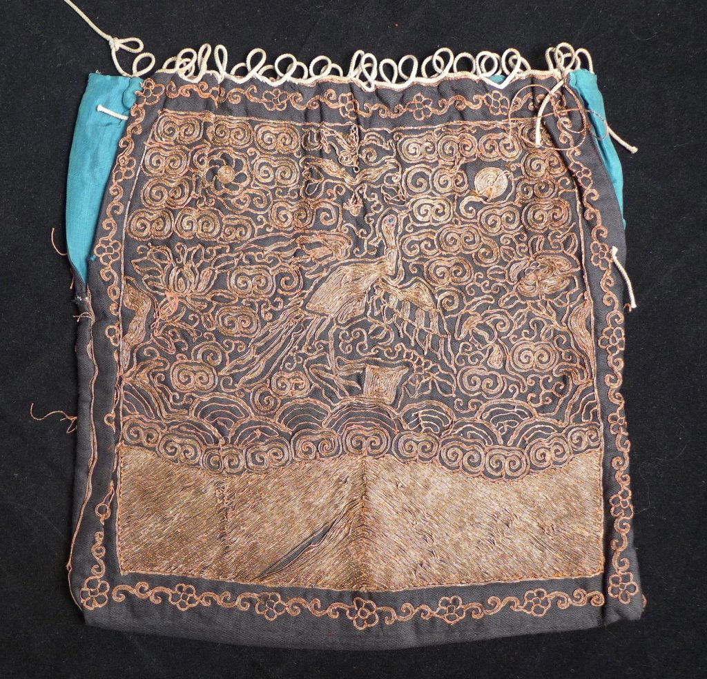 Imperial Rank Square Purse: 2 Imperial rank sqaures sewn together to make a purse or pouch. Features large bird in the center, possibly a pheasant or crane. Embroidered square that was sewn onto the surcoat of an official in Imp
