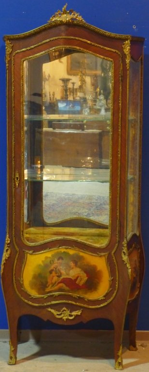 Antique French Curved Glass Vitrine: Beautiful French 19th Century Vernis Martin vitrine with hand painted panels and bronze mounts. Painted figural scenes are signed: Olivier. No key. Glass shelves and mirror back. Height: 69 1/4", Widt