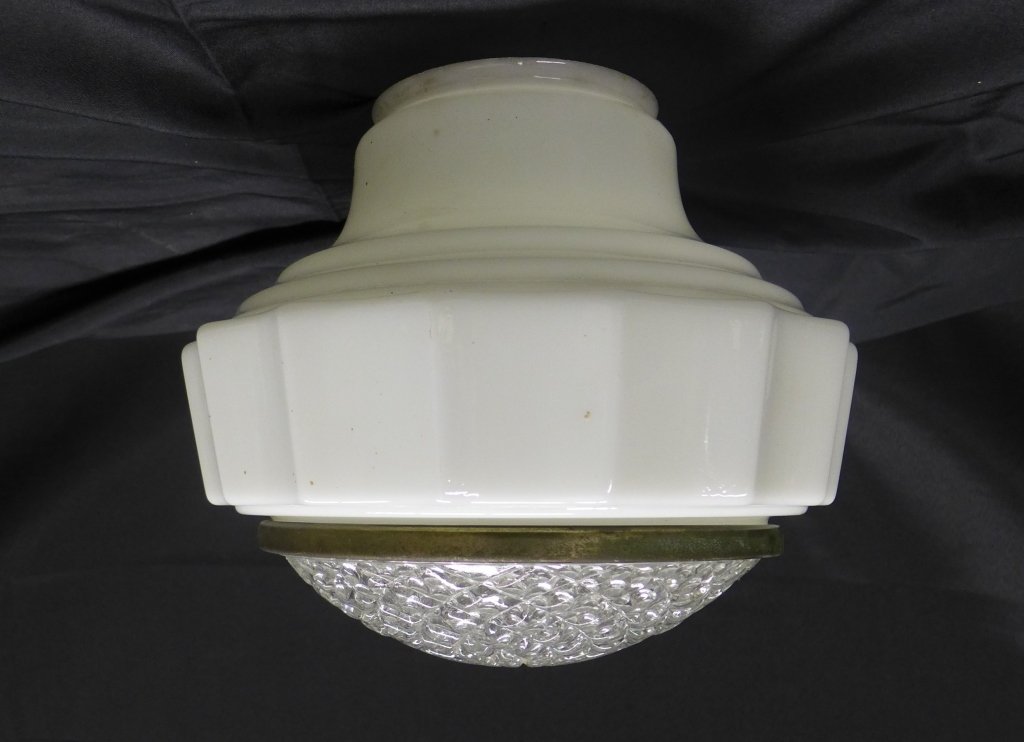 Vintage Ceiling Lights: Milk glass ceiling fixture/ chandelier with molded clear glass textured dome accent. Height: 11", Width: 13" (modern, mid century, lighting, electrical, glass) STERLING ASSOCIATES STRIVES TO PROVIDE A