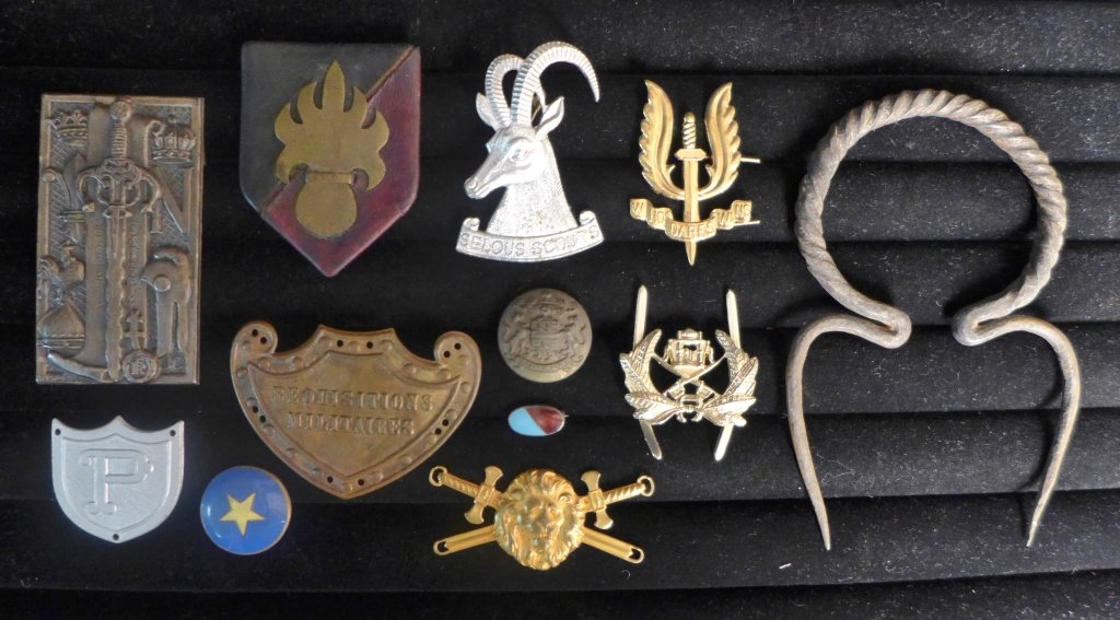 Assorted Military Badges, Pins and More: Assorted Military Badges.Includes: 'De Gestis Francorum" insignia badge/plaque with Drago makers mark, leather and brass grenade flame insignia badge, requisitions militaires plaque, and more.From the