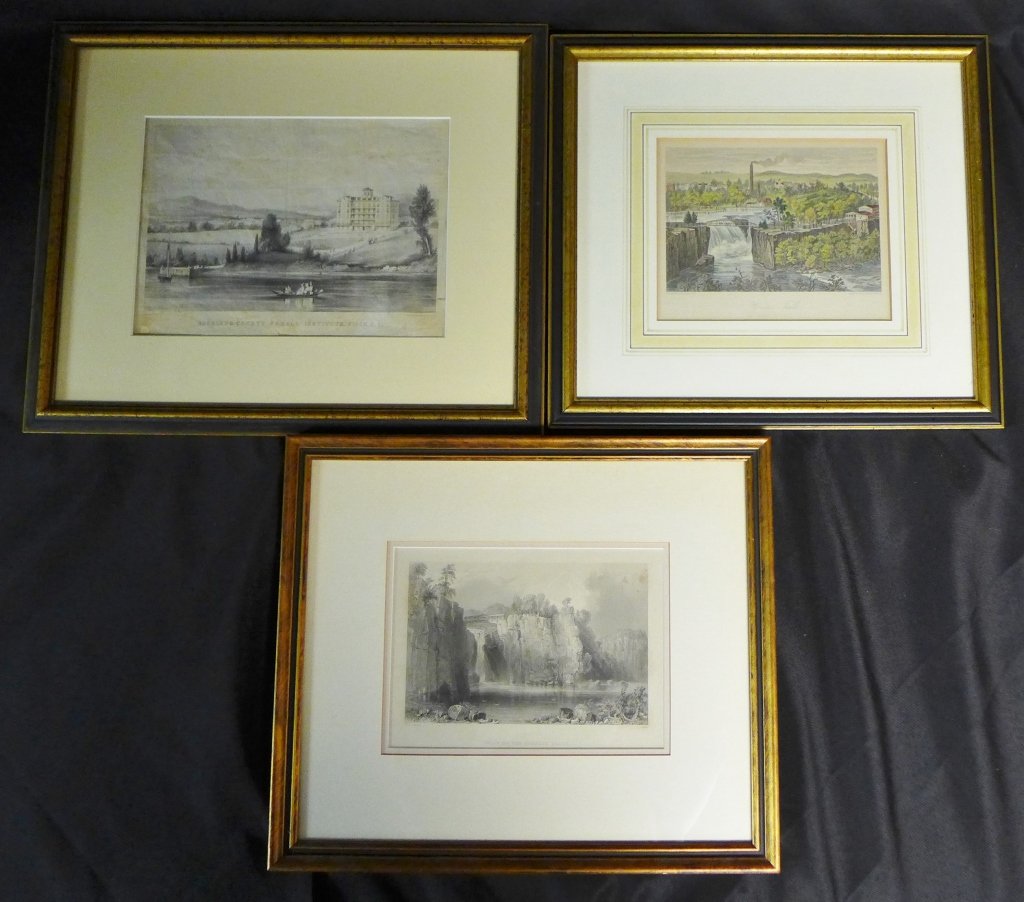 Collection of American Landscapes: Grouping of 3 antique prints framed and matted under glass.-"View of the Passaic Falls" Exquisite steel engraving, circa 1860s. Engraved by: J Sands after Artist: W H Bartlett. Height: 13", Width: 15"