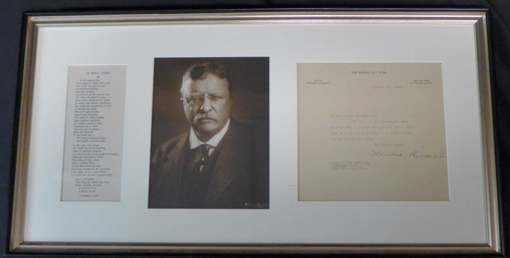 Theodore Roosevelt, Signed Letter: Theodore Roosevelt (1858- 1919), was an American statesman, author, explorer, soldier, naturalist, and reformer who served as the 26th President of the United States, from 1901 to 1909. This typed let