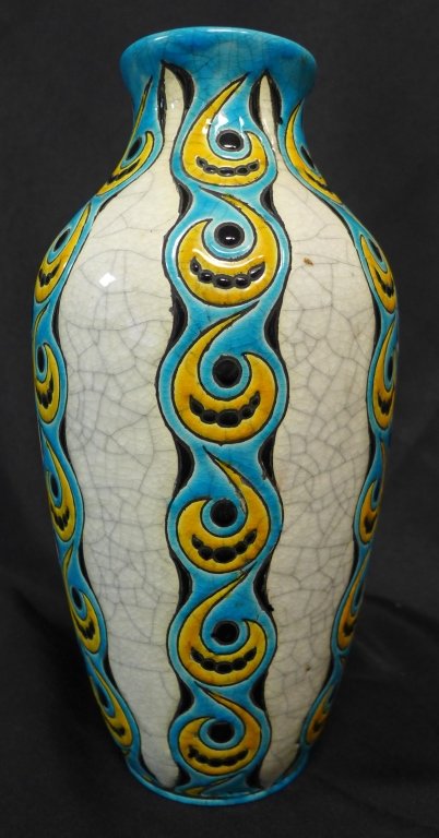 Boch Freres Keramis Vase: Charles Catteau / Keramis: Art Deco glazed ceramic baluster vase with stylized geometric decor. Enameled with columns in shades of blue, yellow and black on a crackled cream ground. Form number incise