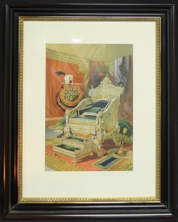 Framed Palace Throne Print: Ornate Arabian palace throne. Unsigned print framed under glass. Height: 25", Width: 20" & Image Size: Height: 15", Width: 10 1/2" (fine art, royal, wall art, decorative accessory) STERLING ASSOCIATES