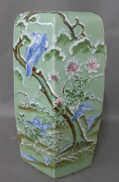 Chinese Garden Stool: Beautiful Asian glazed and painted garden stool. Hexagon shape top. Flowering trees with blue and white birds on a pastel green background. Pierced handle with raised/ applied element in either side. 