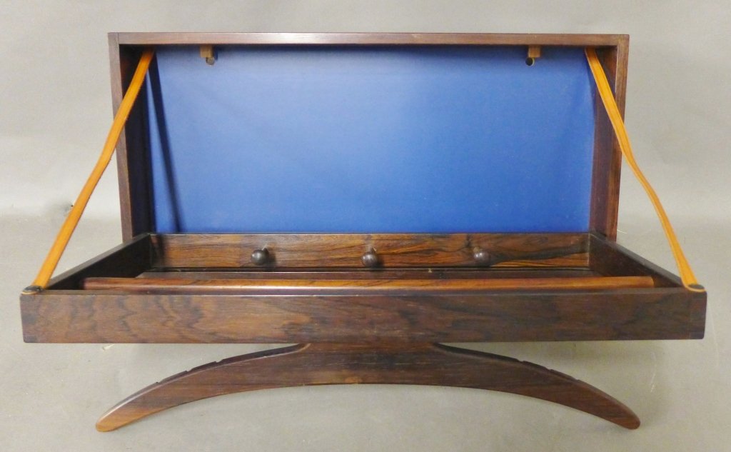 Men's Vintage Wall Mounted Valet: Danish wall mounted and collapsible men's butler valet clothing hanger and hook system. Possibly by Poul Ostergaard. No noticeable maker's mark. Beautiful polished wood with painted blue back. Some no