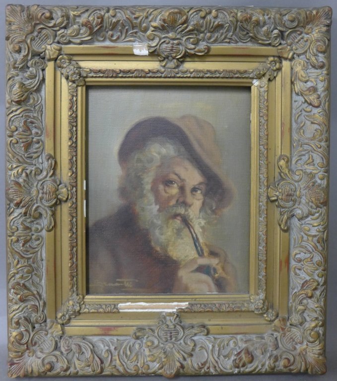 Antique Signed Portrait: Portrait of a bearded man in a hat, smoking a pipe. O/C signed on lower left. Beautiful ornate frame has some noticeable damage. Height: 15 3/4", Width: 13 3/4" & Image size: Height: 9 1/4", Width: 7 