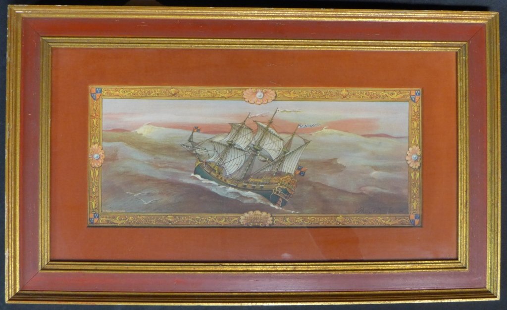 Sailing Ship Print by Paul Farnham: "1000 Elizabethan Galleon" Signed in print on lower left. Circa 1920s. Framed and matted under glass. Height: 15", Width: 25" & Image Size: Height: 7", Width: 17" (chromo lithograph, sailing ship, vin