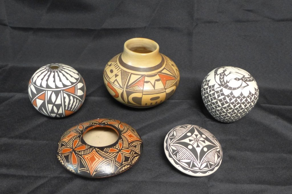 Signed New Mexico Pottery, Acoma Pottery: Beautiful assortment of five hand painted Native American pottery vessels. Shapes and sizes vary. All are signed on bottom. Artist signatures read: Slva Nampeyo, Seymour Acoma NM, Jemez Pueblo NM 2/9/