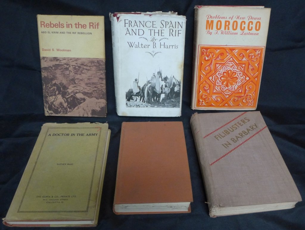 Books on The Military in Morocco: 6 Assorted books on The Military in Morocco. Includes: "Filibusters in Barbary" Hardcover 1932 by Wyndham Lewis, "A DOCTOR IN THE ARMY" Basu, Satyen. Calcutta. 1960, "FRANCE, SPAIN AND THE RIF" Hardco