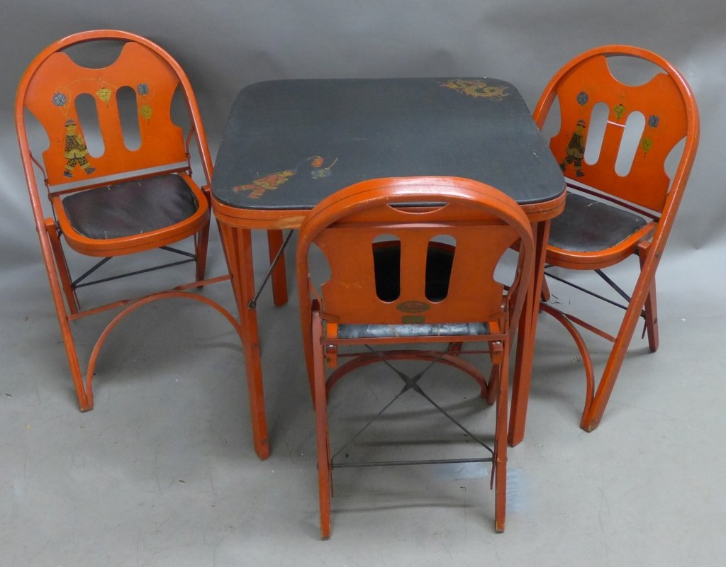 Louis Rastetter & Sons Folding Chairs & Table Set: Vintage furniture set with three chairs and folding table. Painted red wood chairs and table with oriental figural motif on the backrests and top of table. Maker's Label reads: Louis Rastetter & Sons,