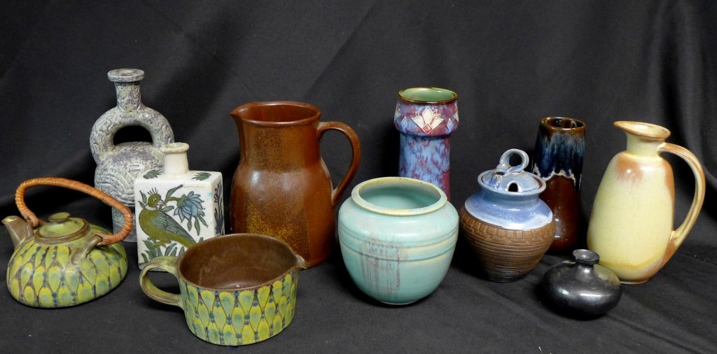 Arts & Crafts Pottery: Collection of 11 pieces of pottery. - Vintage Frankoma pottery pitcher vase, circa 1960s -Royal Doulton Arts & Crafts chevron design vase. Maker's mark incised on bottom of vase, possibly signed by ar