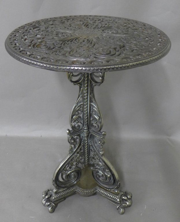 Iron Pub Table: Antique Victorian iron pedestal table with intricate pierced floral and scroll design. Circa 1860. Height: 27 ", Width: 19 " (furniture, accent table, side table, decorative accessory, English, cast i