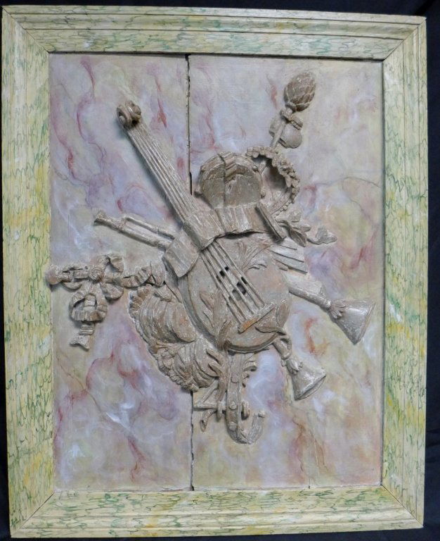 19th Century Marbleized Wood Plaque: Antique hand carved wood wall plaque in custom frame. Beautiful sculpted musical instrument design. Painted in faux marble motif. Originally purchased at Yale R. Burge Antique Inc in New York City. So