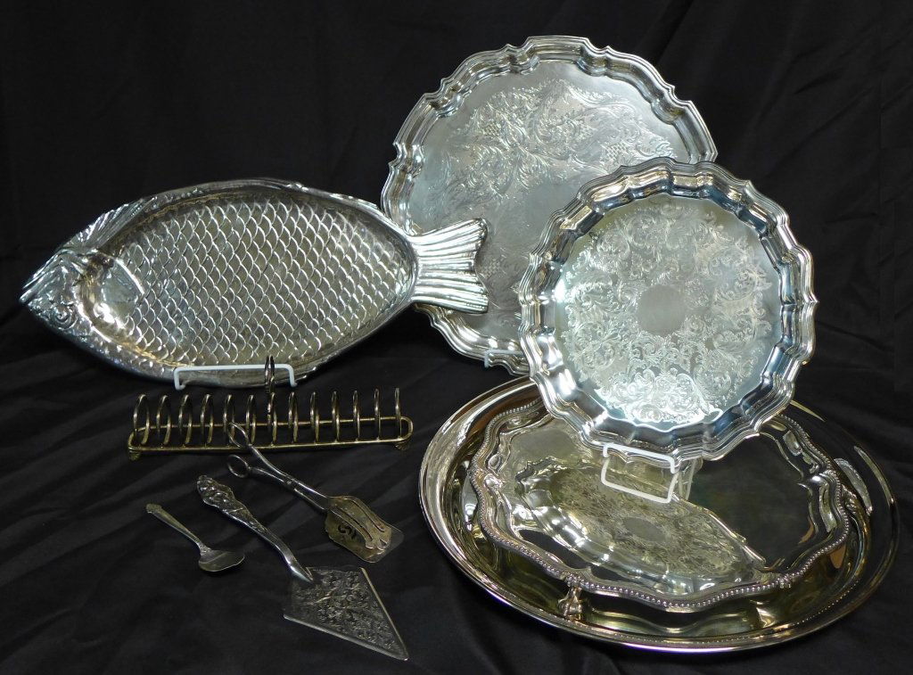 Collection of Silver Plate: Lovely assortment including: -Sheffield England EPNS meat tongs with lovely pierced design. Maker's mark on handle. Length: 8 5/6" - William Adams silverplate pie knife withart nouveau floral motif on