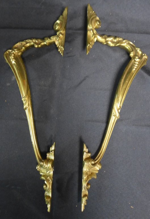 Pair Louis XV Style Bronze Door Pulls: Lovely pair of polished bronze hardware. Mounts have a beautiful scrolling design. Back is stamped: Made in Italy. Hardware included Length: 16 3/4", Width: 5", Depth: 2 1/2"(Victorian, interior desig