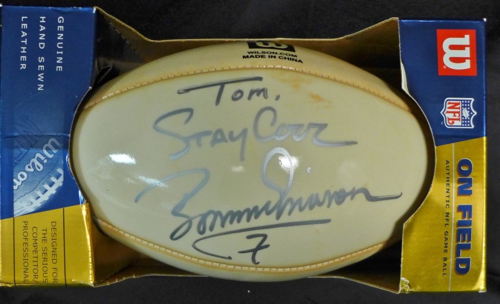 Boomer Esiason Signed Autographed Football: Hand-signed football by Norman Julius "Boomer" Esiason. Inscription reads "Tom, Stay Cool." Signed Boomer Esiason 7.In box with tag still attached. He is a retired American football quarterback and cu