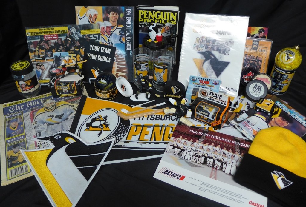 Collection of Pittsburgh Penguins Collectibles: Large assortment of Pittsburgh Penguins Ice Hockey collectibles and ephemera. Collection includes: - 4 volumes of Pittsburgh Penguins "ICE TIME" -1997-1998 Official yearbook-"Best in the Game" book on