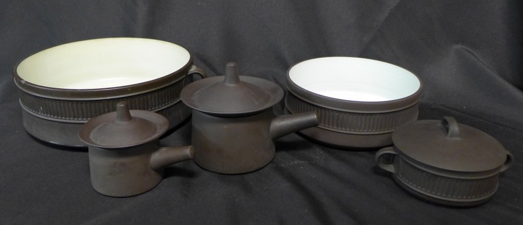 Collection of Dansk Cookware: Flamestone dinnerware cook-to-serve, with an exterior of warm chocolate brown. Flamestone is the dinnerware entertainers can conveniently prepare and present meals, hot and ready to eat. Grouping of 5