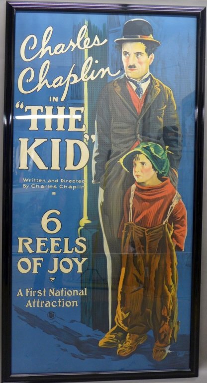Monumental Charlie Chaplin "The Kid" Poster: Charlie Chaplin in "The Kid" framed poster (in three sections). This is Chaplin's first full-length feature & is a silent masterpiece about a little tramp who discovers a little orphan and brings him 