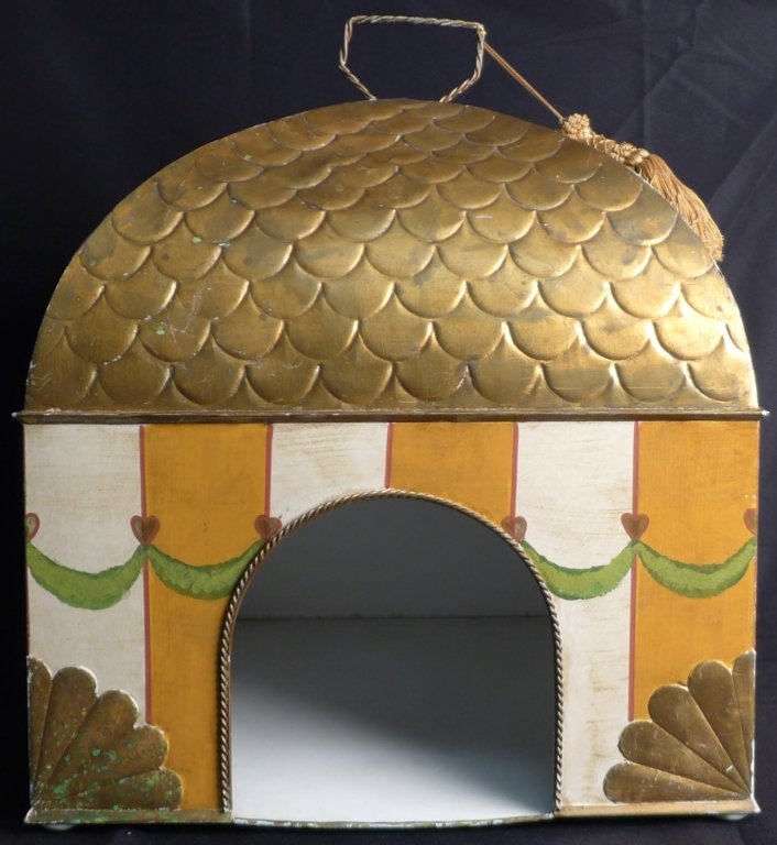Antique Hand Painted & Gilt Tole Dog House: Beautiful custom made dog house for a small breed dog. Hand painted garland accents on exterior walls and a twisted metal handle at top of roof. Clean white painted interior. Some noticeable wear and