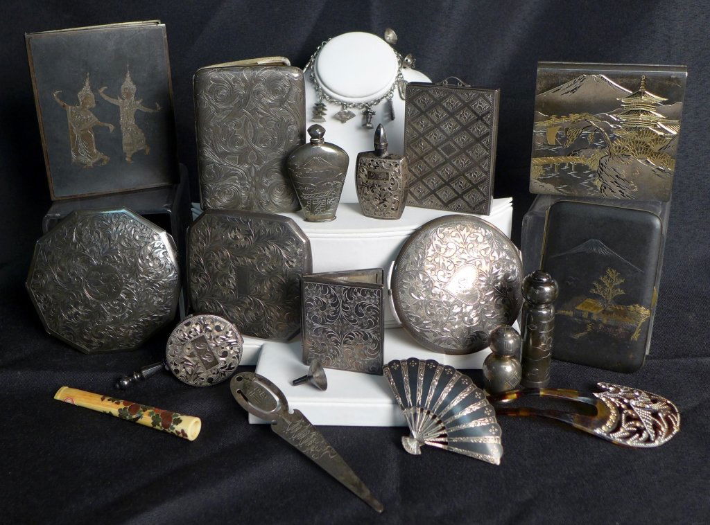 Collection of Sterling Silver & Other Vanity Pcs: Lovely assortment of women's accessories. 20 pieces include:_x000D_ - Tortoise shell hair comb with rhinestone accents_x000D_ - Charm bracelet with 9 charms. Clasp is in need of repair._x000D_ -Sterli