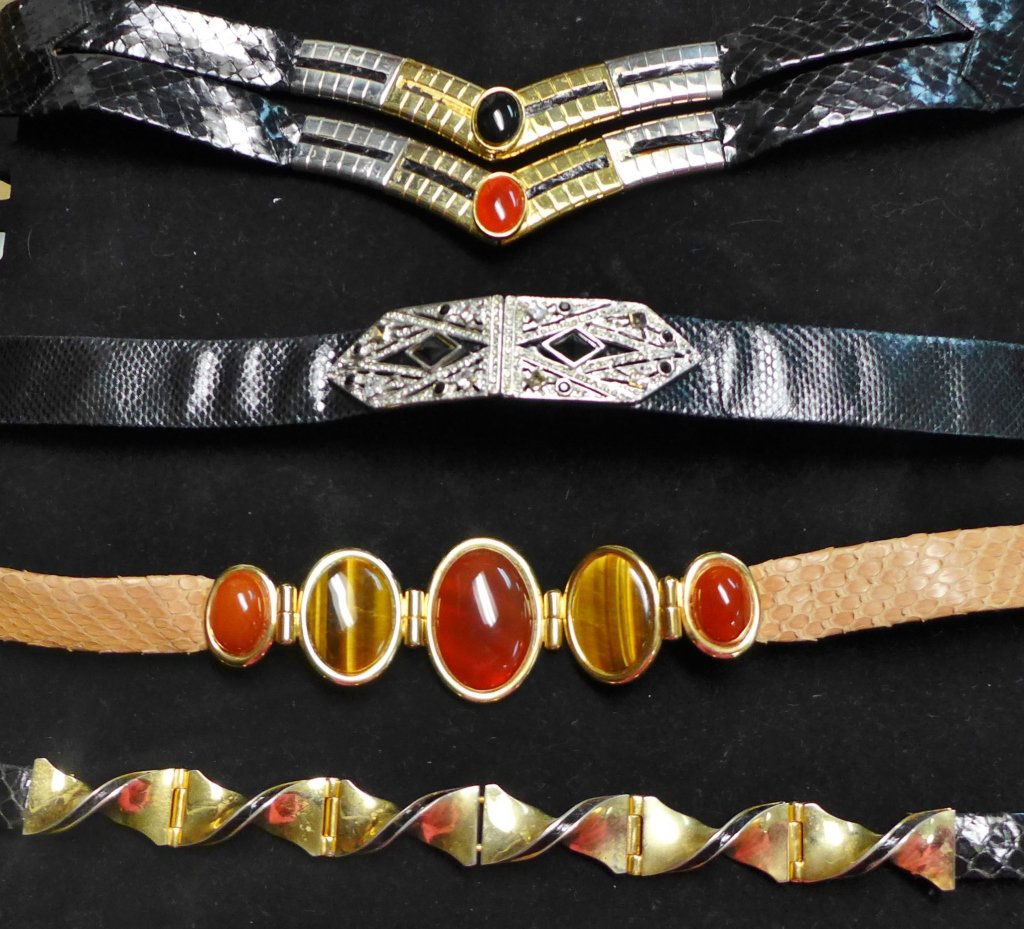 Collection of Judith Leiber Designer Belts: Assortment of 4 Judith Leiber Designer belts._x000D_ Includes: Tan snake with tiger eye and possible cornelian, Jeweled art deco-style, Twisted Hinge Design and more._x000D_ One size / Adjustable. Sna