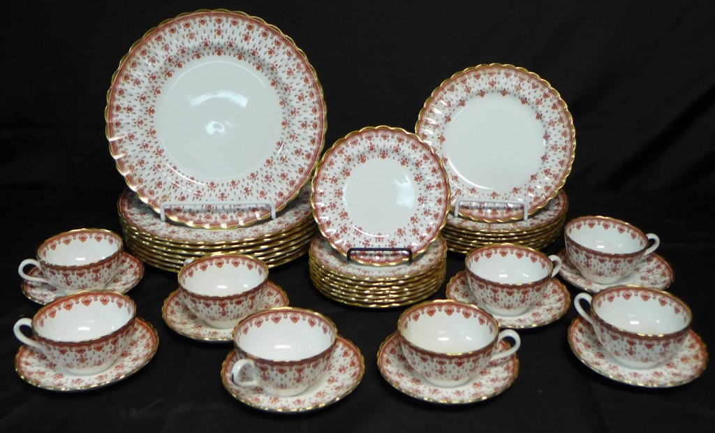 Fleur De Lys Spode Bone China, Set for 8: Fleur De Lys gold and red fine bone china set_x000D_ Diameter of plates: 10 1/2", 8", & 6 3/8" Diameter of Saucer: 5 3/8"_x000D_ Maker's mark on back reads: Spode Bone China England, B12_x000D_ STERLI