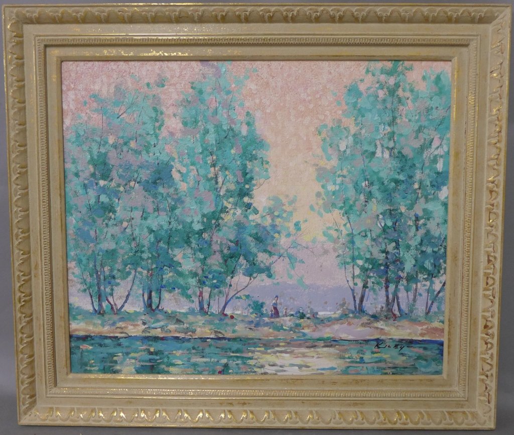 John Kiley, American (1927- ): Colorful modern figural landscape by a New Jersey artist. Spring time with calm lake and large trees. O/C signed on lower right: Kiley. Height: 25 3/8", Width: 29 ½" & Image Size: Height: 19 ½", Wid