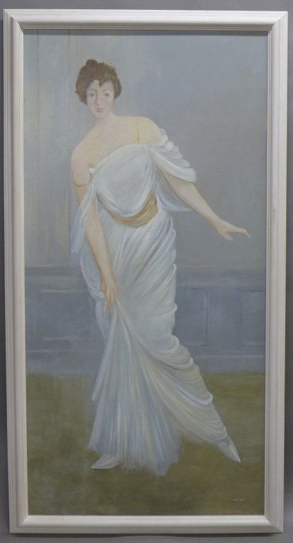Monumental Signed Portrait Painting: "Louise" Beautiful portrait of an elegant woman in a long gown. Wood frame with a white rub finish. O/C signed on bottom right: Ericson. From Karl Mann & Associates. Height: 77 5/8", Width: 41 1/2" &