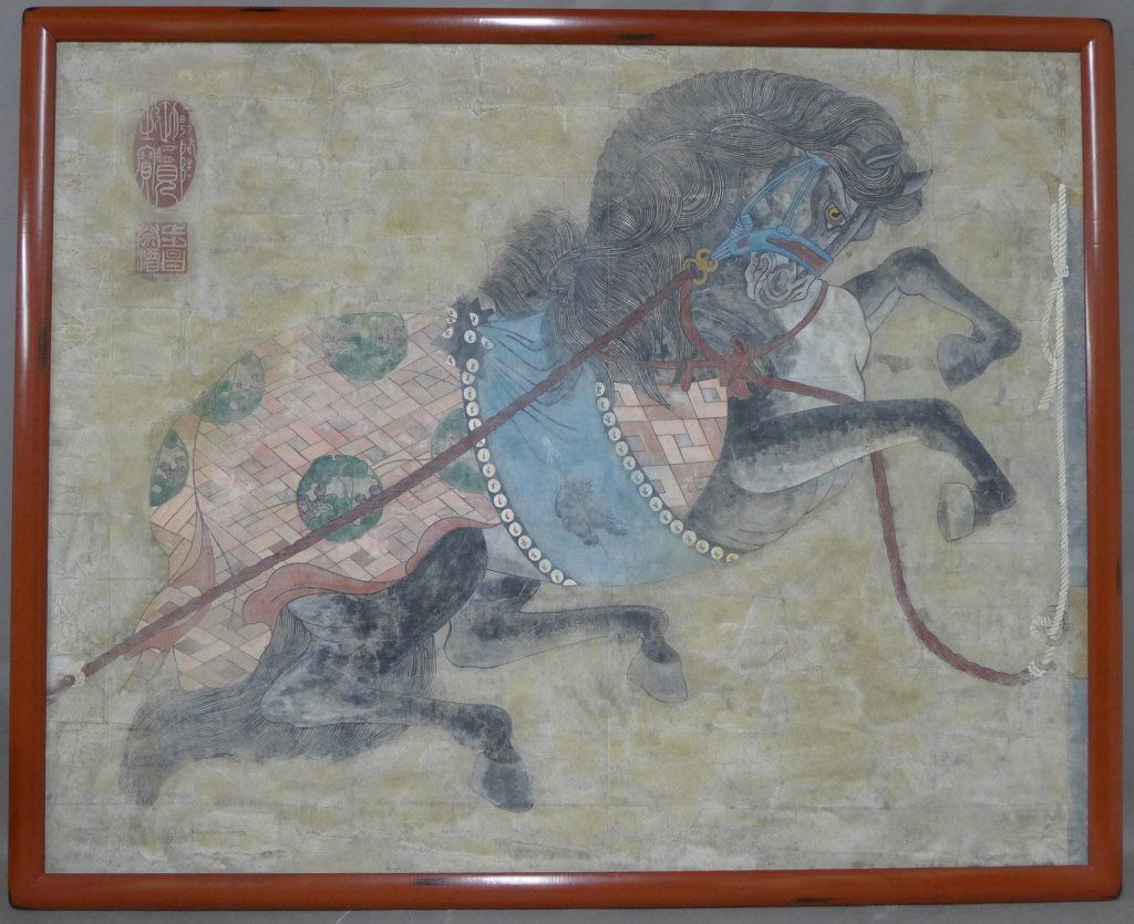 Lim Ha Shan, Korean (1945- ): Monumental Korean equestrian painting on board. Contemporary work of art with seal on upper left side. From Karl Mann & Associates. Height: 51 1/2", Width: 63 1/4" & Image Size: Height: 47 1/4", Width