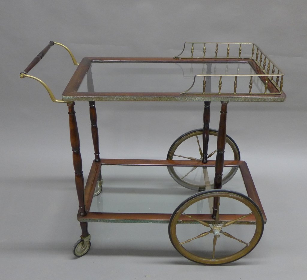 Antique Teacart: Lovely Victorian bar or tea cart with wood frame, brass mounts and two-tier glass shelves. Height: 30 1/4", Width: 33 1/2", Depth: 21"_x000D_ (furniture, decorative accessory, shelving, display, inter
