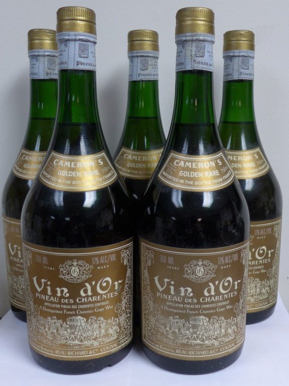 Vin d'Or Pineau des Charentes, Aperitif: 5 bottles of: Vin d'Or Pineau des Charentes. Cameron's Golden Rare. Imported in the bottle from France. A distinguished French Charentes Grape Wine. Produced and bottled by: Reau Richard & Co, Cognac 