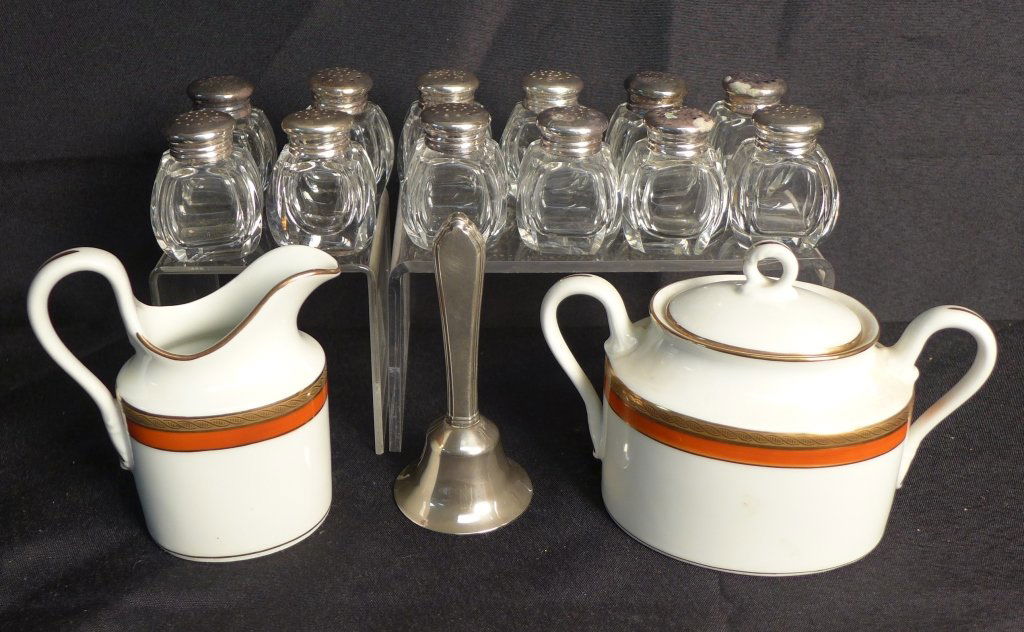 Collection of Crystal Salt & Pepper Shakers: Assortment of dinner accessories. Collection includes:-12 crystal and sterling silver salt and pepper shakers. Sterling tops are stamped with hallmark and "925" Approx weight of silver (shaker tops on