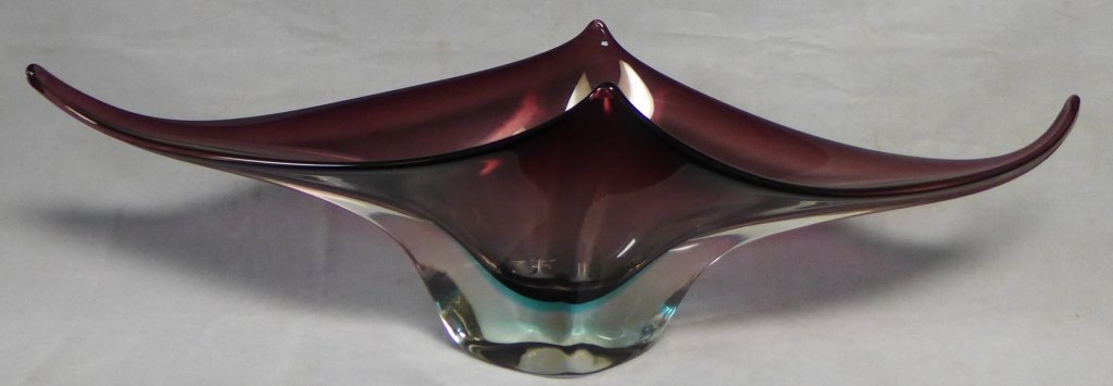 Venetian Sommerso Glass Centerpiece: Modern Amethyst and clear glass center bowl features an elongated organic ovoid design. Blue glass detail between clear and amethyst glass at bottom. No noticeable signatures. Some slight surface scra